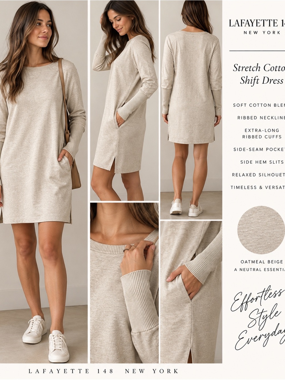 Lafayette 148 New York Oatmeal Beige Cotton Dress Ribbed Cuffs/ Pockets S